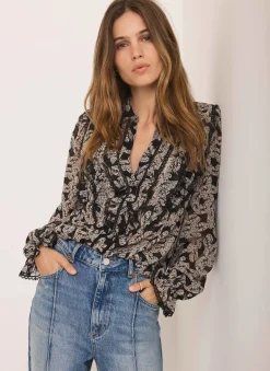 Hot Black Butterfly Print Ruffle Blouse Shirts & Blouses
