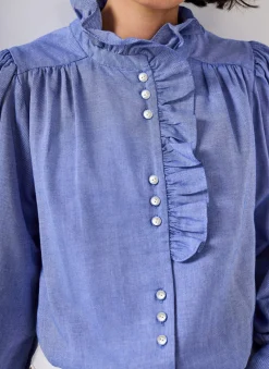 Best Cotton Chambray Ruffle Blouse Shirts & Blouses