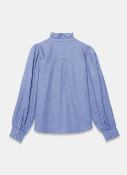 Best Cotton Chambray Ruffle Blouse Shirts & Blouses