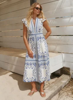 Sale Cotton Print Scallop Trim Midi Dress Summer Dresses|Midi Dresses