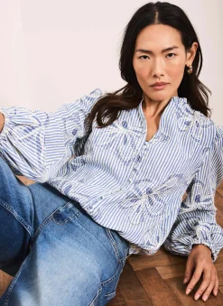 New Striped Embroidered Floral Blouse Shirts & Blouses