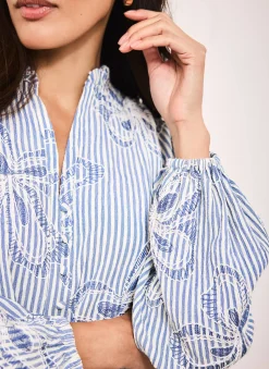 New Striped Embroidered Floral Blouse Shirts & Blouses
