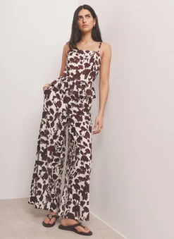 Online Brown Linen Blend Floral Print Wide Leg Trousers Wide Leg Trousers|Trousers