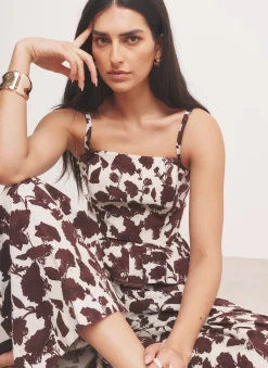 Clearance Brown Linen Blend Floral Print Top All Tops|Tops