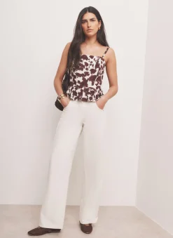 Clearance Brown Linen Blend Floral Print Top All Tops|Tops