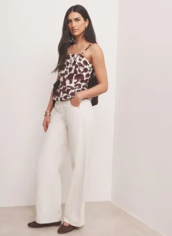 Clearance Brown Linen Blend Floral Print Top All Tops|Tops