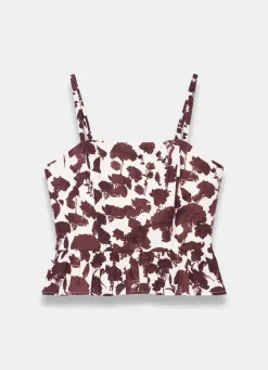 Clearance Brown Linen Blend Floral Print Top All Tops|Tops