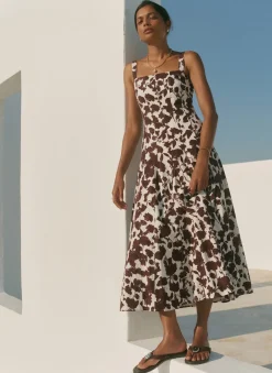 Discount Linen Blend Printed Midi Dress Summer Dresses|Midi Dresses