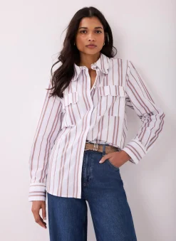 Discount Striped Cotton Scallop Detail Shirt Shirts & Blouses