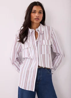 Discount Striped Cotton Scallop Detail Shirt Shirts & Blouses