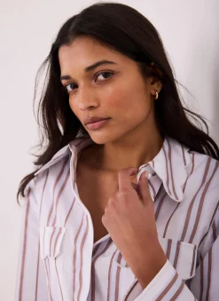 Discount Striped Cotton Scallop Detail Shirt Shirts & Blouses