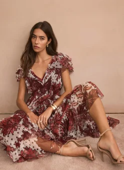 Hot Burgundy Floral Print Tulle Maxi Dress Occasion Dresses|Occasion Dresses