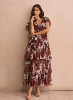 Hot Burgundy Floral Print Tulle Maxi Dress Occasion Dresses|Occasion Dresses