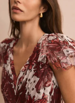 Hot Burgundy Floral Print Tulle Maxi Dress Occasion Dresses|Occasion Dresses