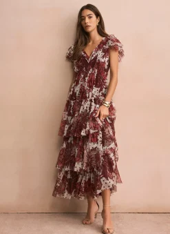 Hot Burgundy Floral Print Tulle Maxi Dress Occasion Dresses|Occasion Dresses