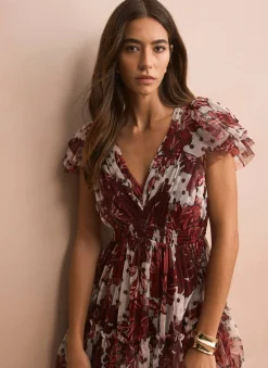 Hot Burgundy Floral Print Tulle Maxi Dress Occasion Dresses|Occasion Dresses