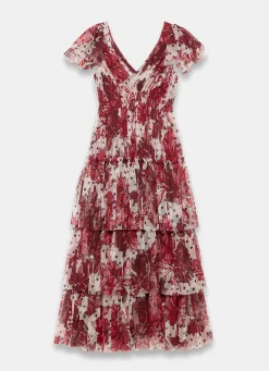Hot Burgundy Floral Print Tulle Maxi Dress Occasion Dresses|Occasion Dresses