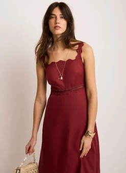 Linen Scallop Trim Midi Dress Summer Dresses|Midi Dresses
