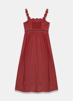 Linen Scallop Trim Midi Dress Summer Dresses|Midi Dresses