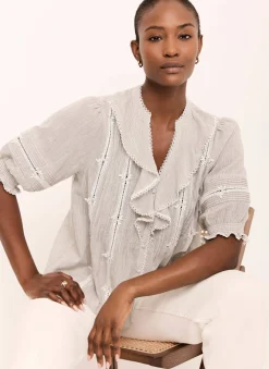 Cotton Stripe Ruffle Blouse Shirts & Blouses