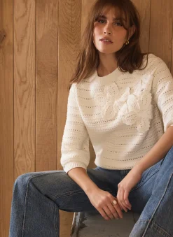 New Cream Cotton Blend Floral Detail Jumper Jumpers|Jumpers & Cardigans