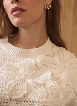 New Cream Cotton Blend Floral Detail Jumper Jumpers|Jumpers & Cardigans