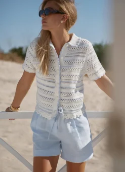 Clearance Cream Cotton Blend Stripe Crochet Top Crochet