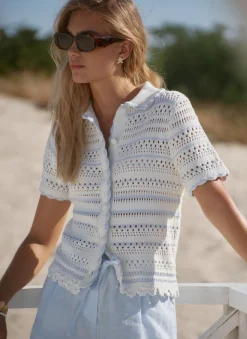 Clearance Cream Cotton Blend Stripe Crochet Top Crochet