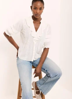 Best Cream Cotton Ruffle Blouse Shirts & Blouses