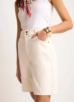 Cream Denim Mid Length Shorts Shorts|Trousers