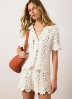 Outlet Cream Embellished Crochet Top Crochet