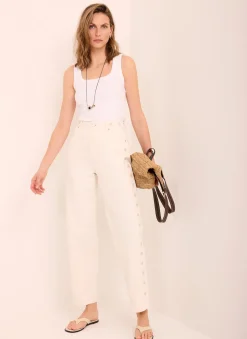 Sale Cream Floral Embroidered Tapered Jeans Jeans|Straight Jeans