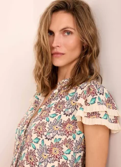 Discount Cream Floral Print Mini Dress Summer Dresses|Mini Dresses