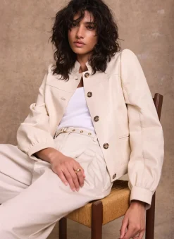New Cream Leather Puff Sleeve Jacket Jackets|Leather & Suede Jackets