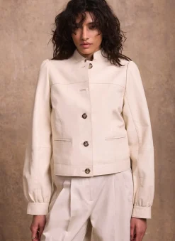 New Cream Leather Puff Sleeve Jacket Jackets|Leather & Suede Jackets