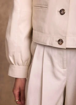 New Cream Leather Puff Sleeve Jacket Jackets|Leather & Suede Jackets