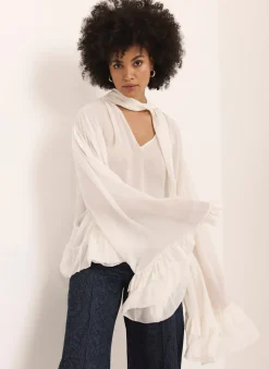 Clearance Cream Ruffle Tie Detail Blouse Shirts & Blouses