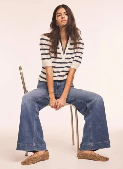 Sale Cream Striped Knit Denim Detail Tops Jumpers|Jumpers & Cardigans