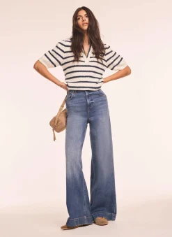 Sale Cream Striped Knit Denim Detail Tops Jumpers|Jumpers & Cardigans