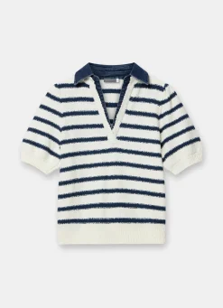 Sale Cream Striped Knit Denim Detail Tops Jumpers|Jumpers & Cardigans