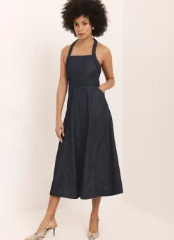Hot Dark Indigo Denim Halter Midi Dress Midi Dresses|Denim Dresses