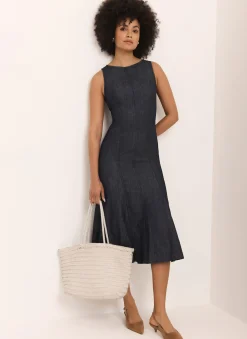 New Dark Indigo Denim Midi Dress Midi Dresses|Denim Dresses