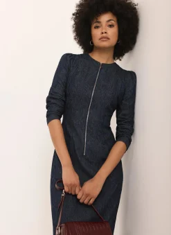 Dark Indigo Paisley Print Denim Midi Dress Denim Dresses|Denim Dresses