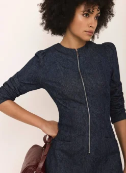 Dark Indigo Paisley Print Denim Midi Dress Denim Dresses|Denim Dresses