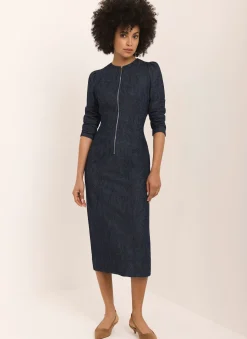 Dark Indigo Paisley Print Denim Midi Dress Denim Dresses|Denim Dresses