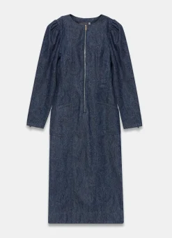 Dark Indigo Paisley Print Denim Midi Dress Denim Dresses|Denim Dresses