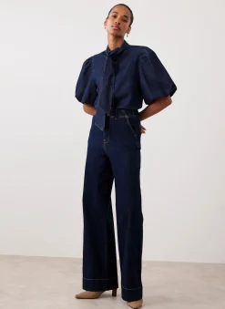 Outlet Dark Indigo Puff Sleeve Denim Shirt Shirts & Blouses