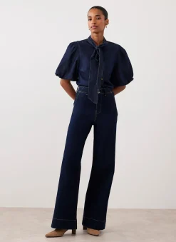 Outlet Dark Indigo Puff Sleeve Denim Shirt Shirts & Blouses