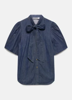 Outlet Dark Indigo Puff Sleeve Denim Shirt Shirts & Blouses