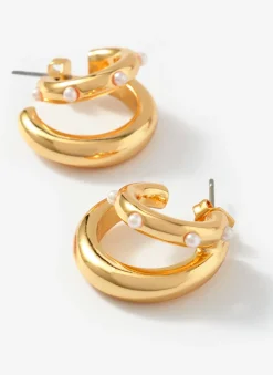Outlet Tone Mini Double Hoop Pearl Earrings Jewellery|Jewelry